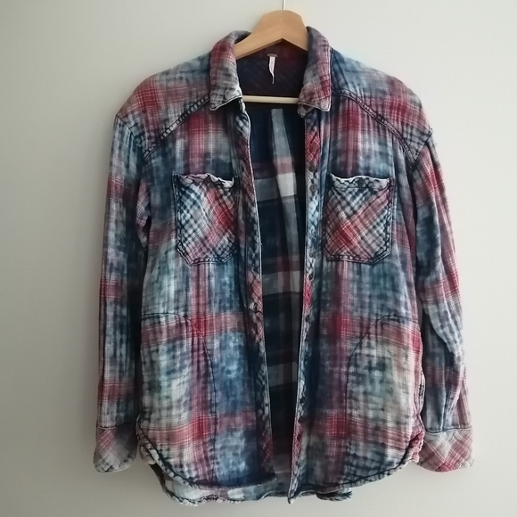Free People Double Dip Dye Plaid Button Up Gauzy Cotton XS - Picture 5 of 16